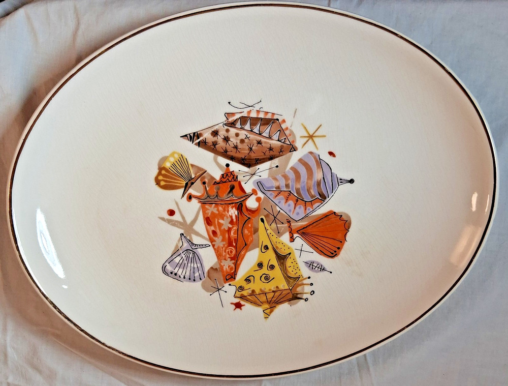 Vintage Midcentury Modern Cardinal China Co Shells Serving Platter USA Gold Trim